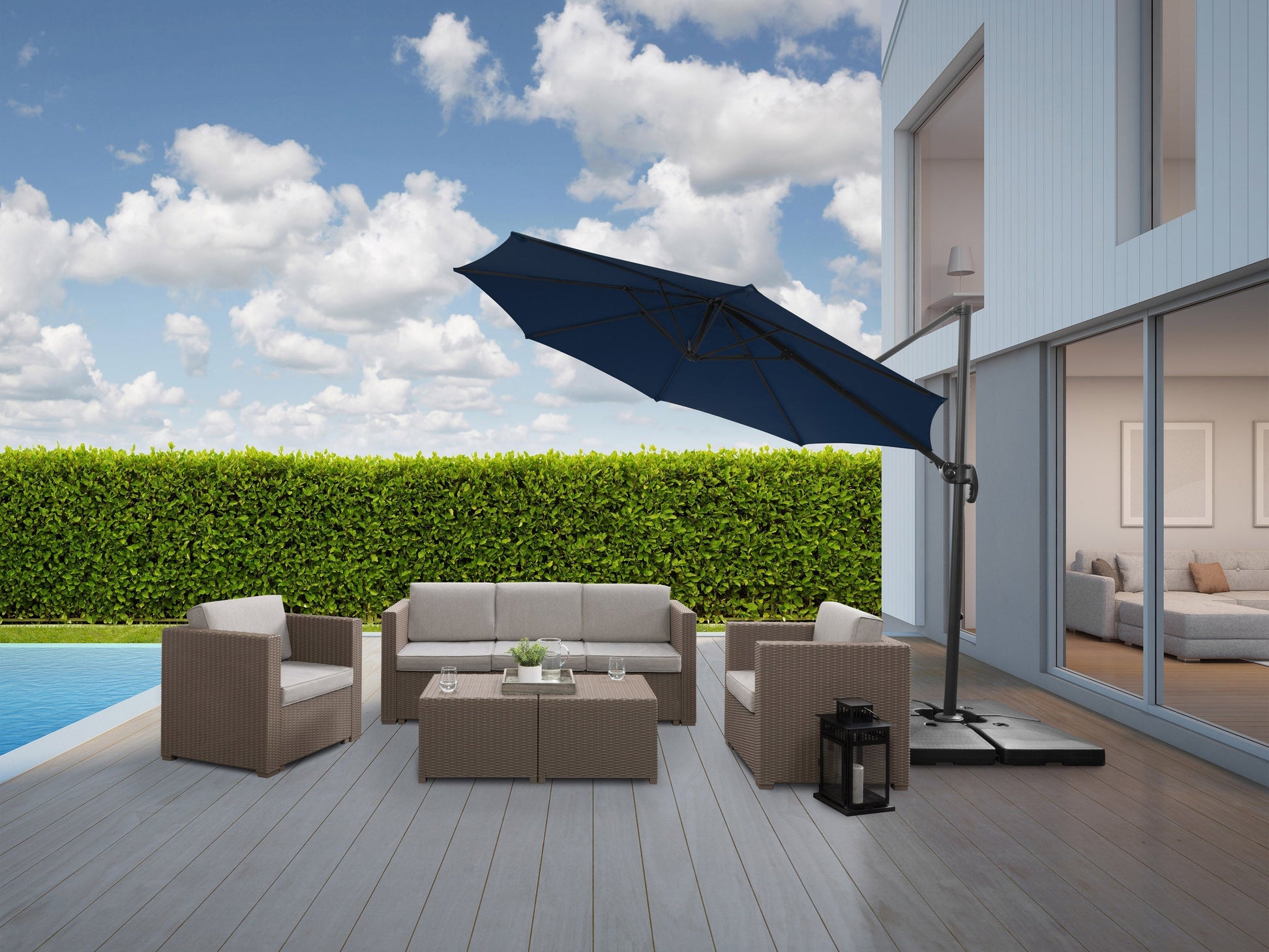 Navy blue 9.5ft offset patio umbrella with 360-degree rotation, UV protection, and sturdy aluminum frame.