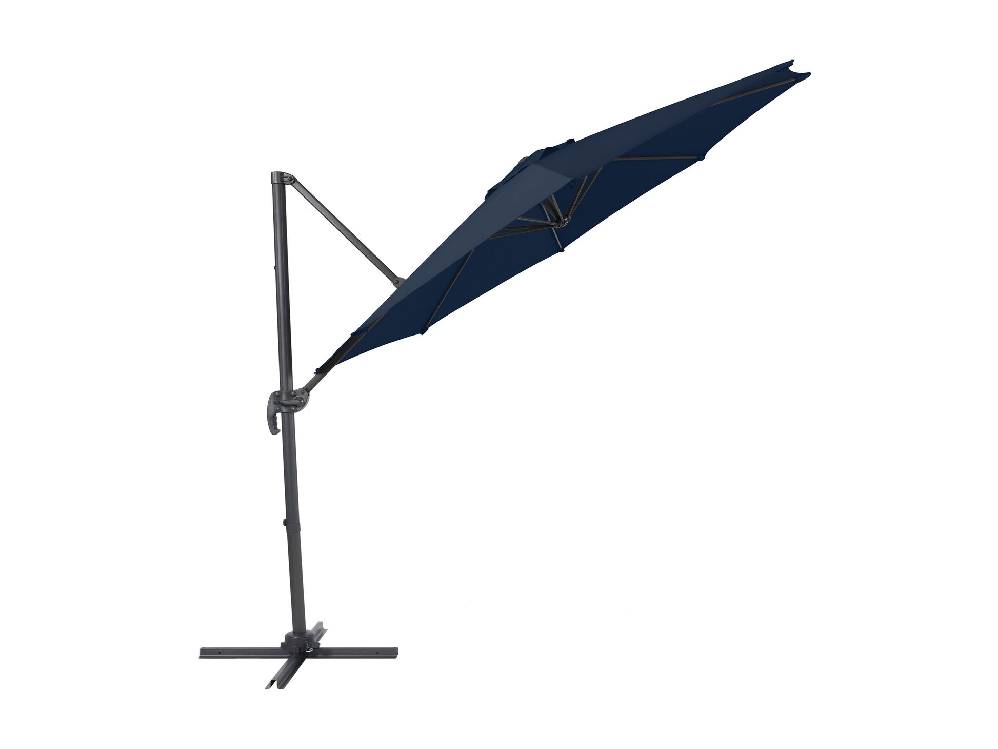 Navy blue 9.5ft offset patio umbrella with 360-degree rotation and durable fabric canopy.