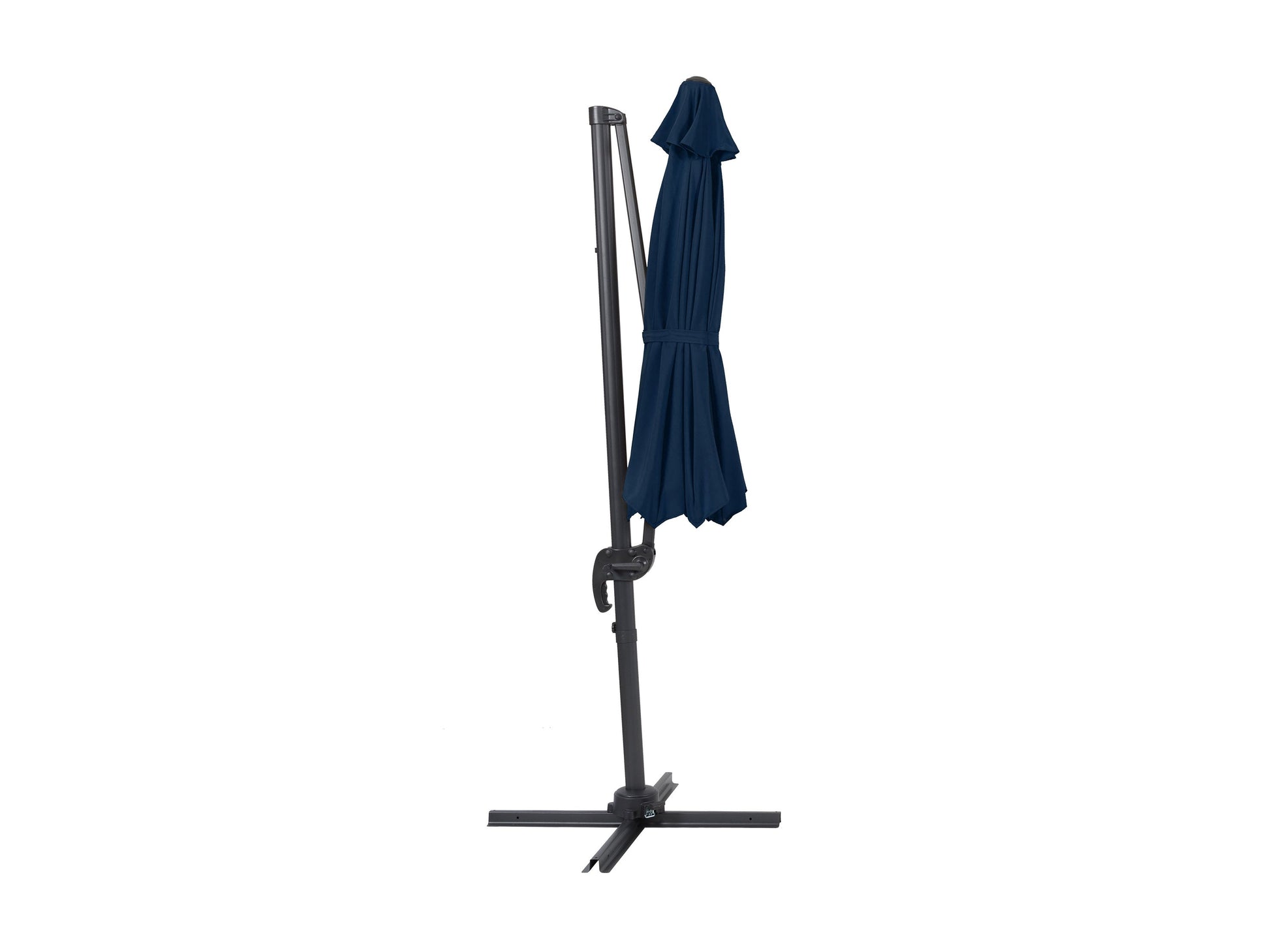 Navy blue 9.5ft offset patio umbrella with 360-degree rotation and durable fabric canopy.