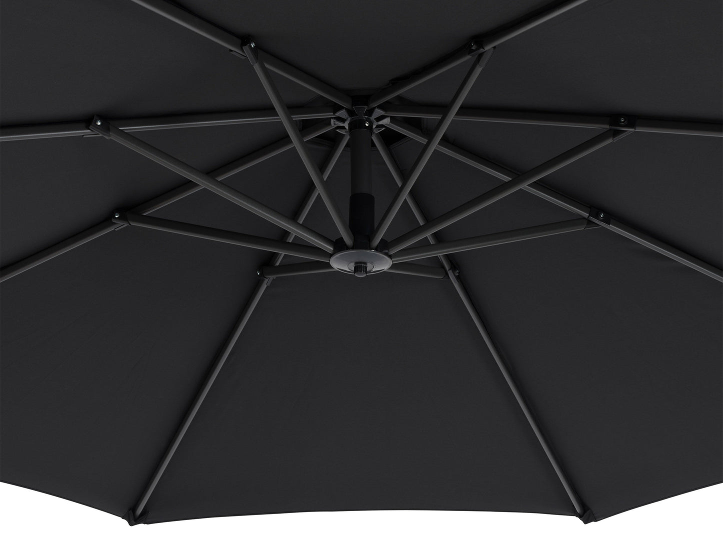Cantilever patio umbrella with black canopy, sturdy base, and adjustable tilt for outdoor shade.