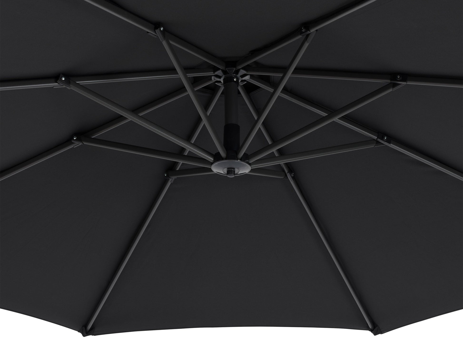 Cantilever patio umbrella with black canopy, sturdy base, and adjustable tilt for outdoor shade.