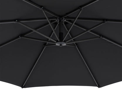 Cantilever patio umbrella with black canopy, sturdy base, and adjustable tilt for outdoor shade.