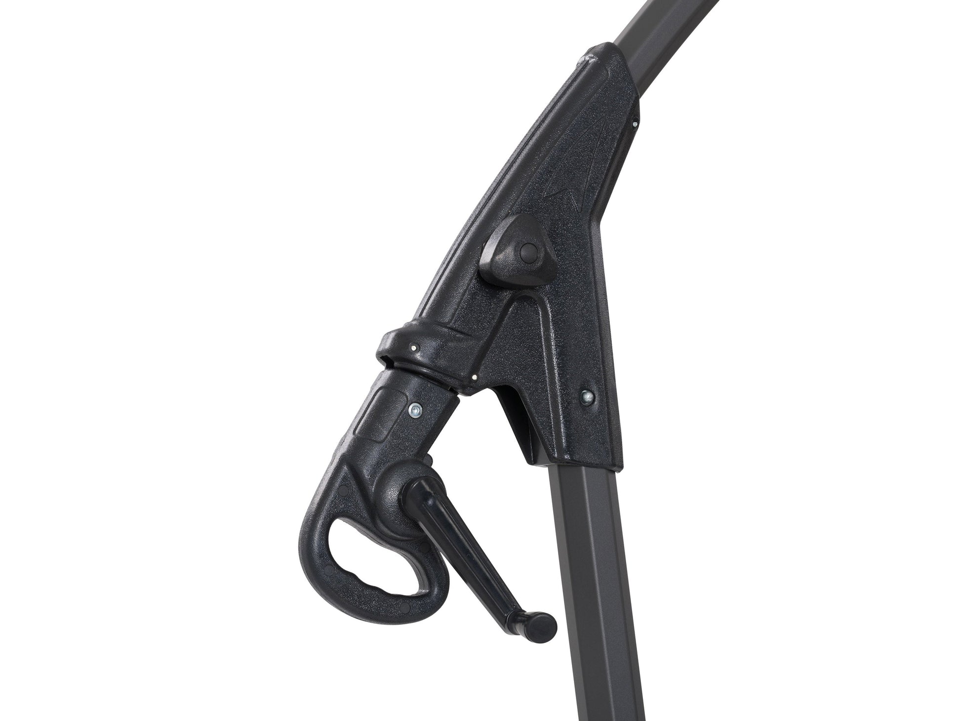 Black cantilever patio umbrella with sturdy base, adjustable canopy, and sleek modern design for outdoor shade.