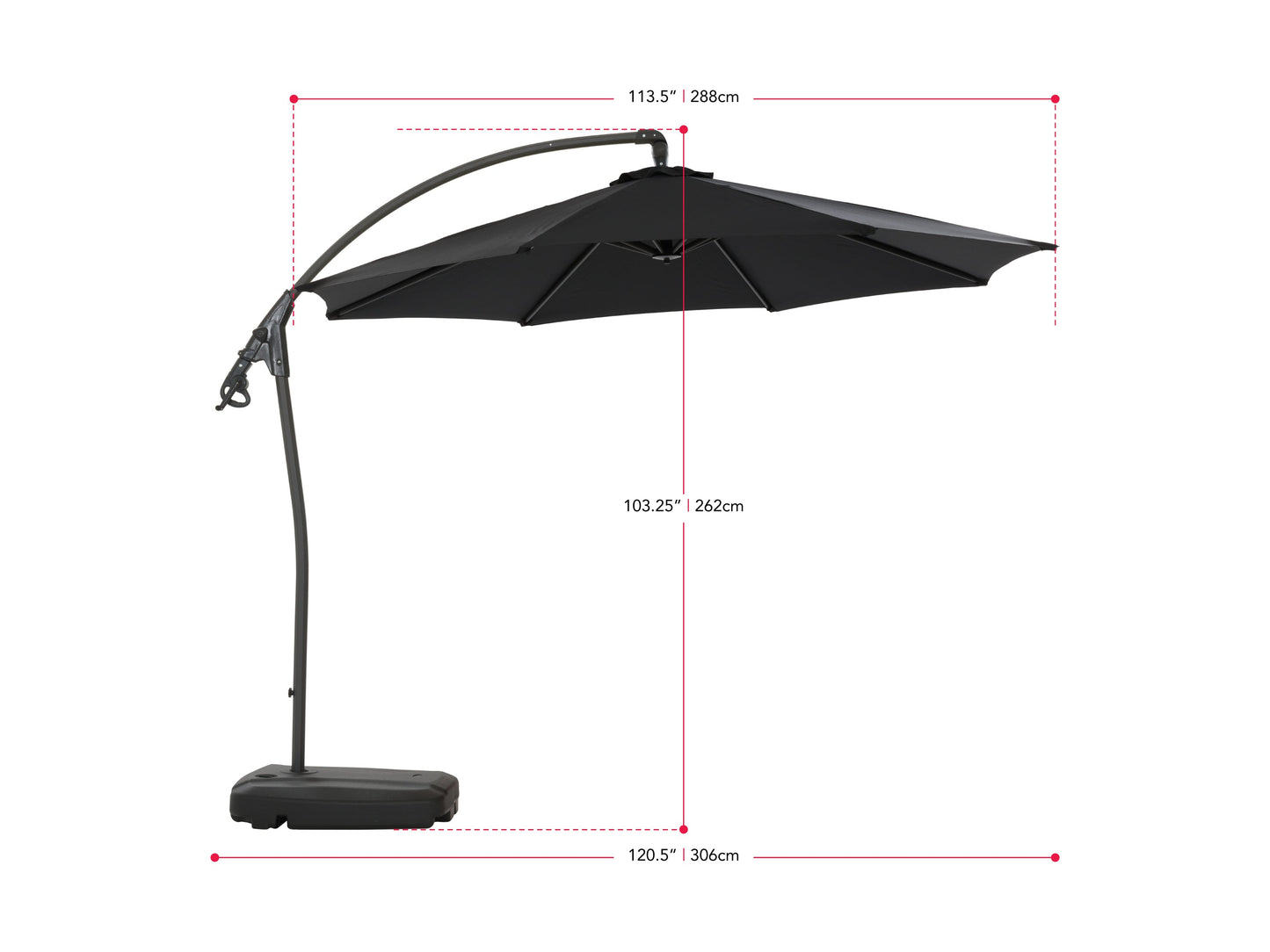 Black cantilever patio umbrella with sturdy base, adjustable canopy, and weather-resistant fabric for outdoor use.