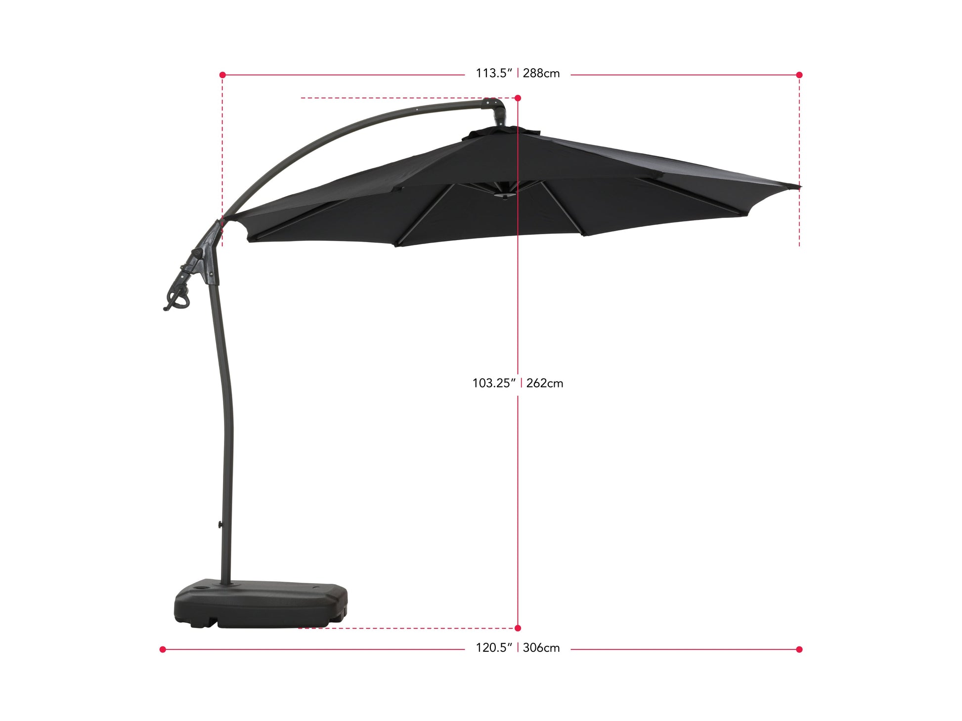 Black cantilever patio umbrella with sturdy base, adjustable canopy, and weather-resistant fabric for outdoor use.