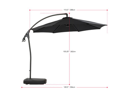 Black cantilever patio umbrella with sturdy base, adjustable canopy, and weather-resistant fabric for outdoor use.