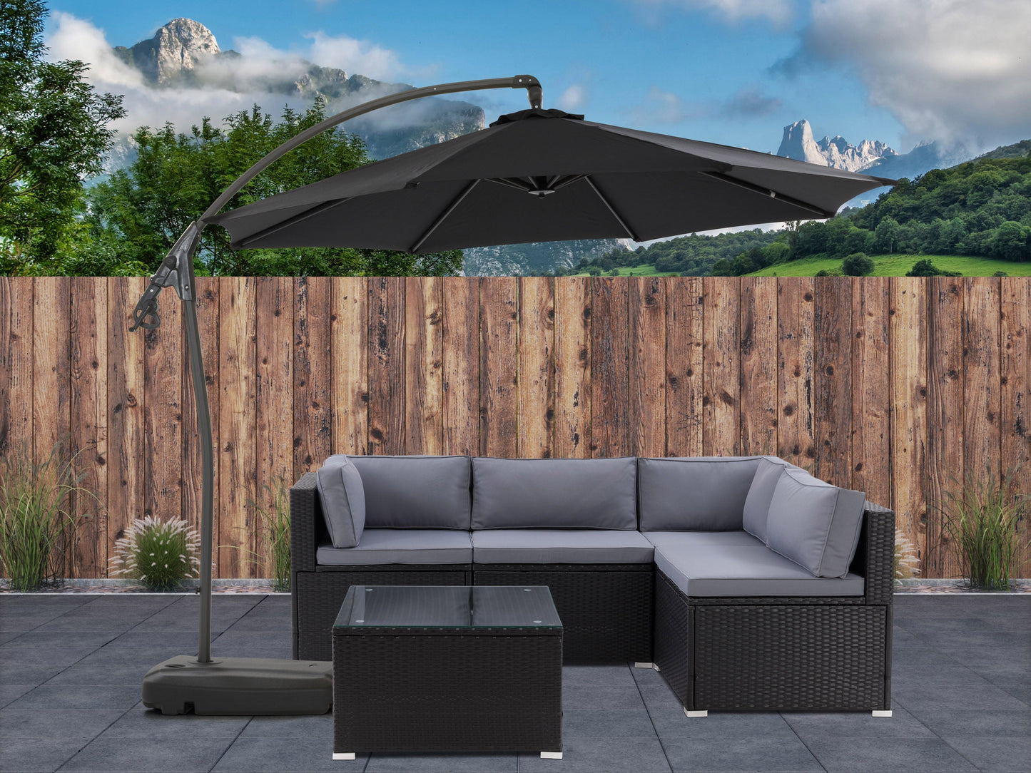 Black cantilever patio umbrella with sturdy base, adjustable canopy, and weather-resistant fabric for outdoor spaces.
