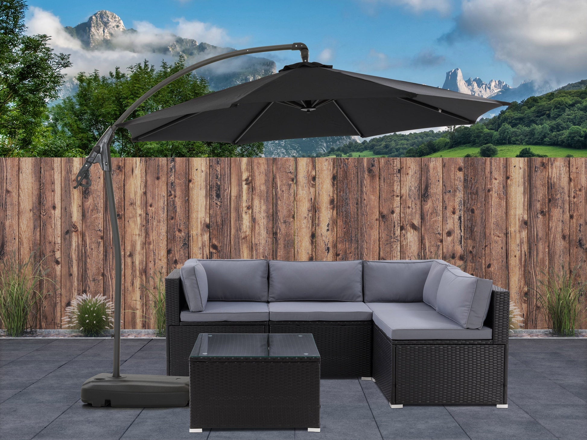 Black cantilever patio umbrella with sturdy base, adjustable canopy, and weather-resistant fabric for outdoor spaces.