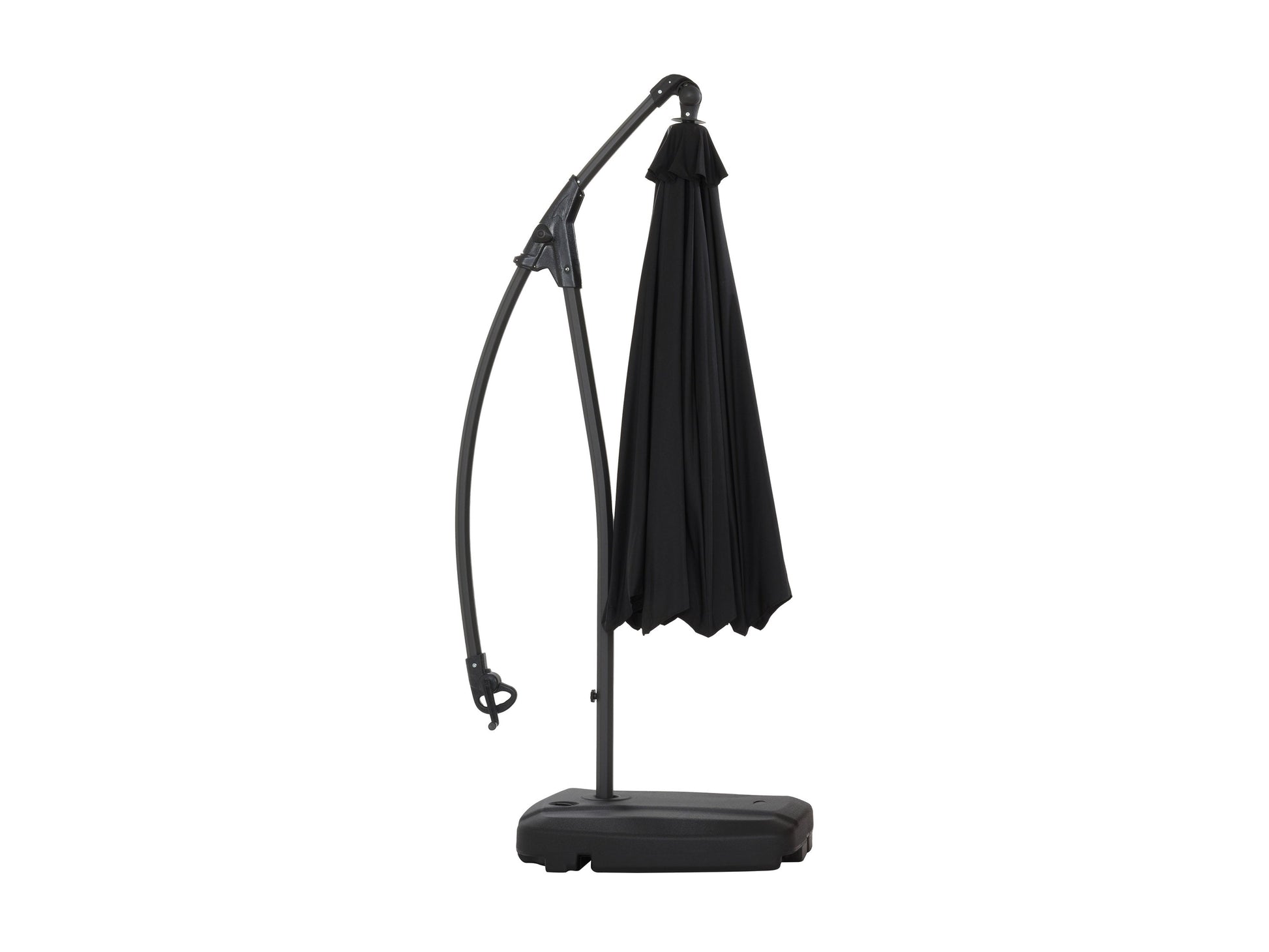 Black cantilever patio umbrella with sturdy base, adjustable canopy, and weather-resistant fabric for outdoor shade.