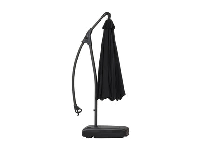 Black cantilever patio umbrella with sturdy base, adjustable canopy, and weather-resistant fabric for outdoor shade.