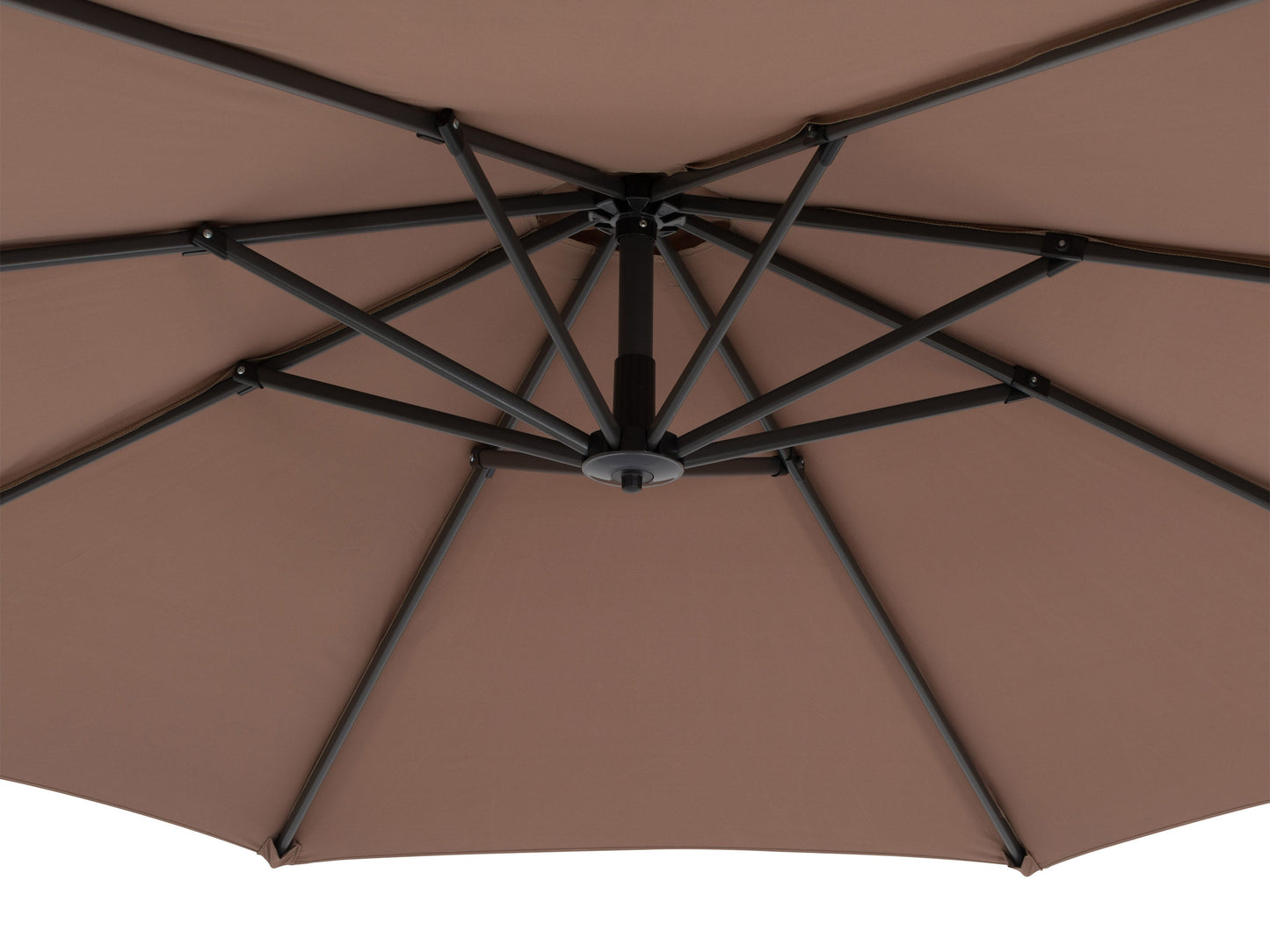 Cantilever patio umbrella in sand color with sturdy base, UV-resistant fabric, and adjustable tilt for optimal shade.