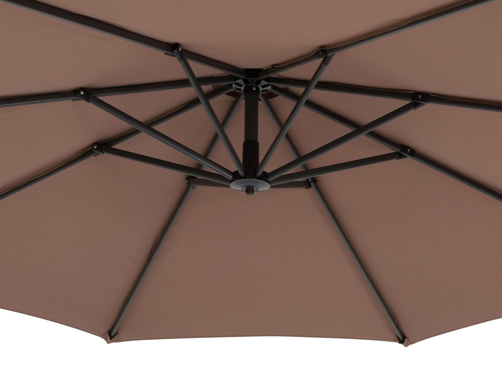 Cantilever patio umbrella in sand color with sturdy base, UV-resistant fabric, and adjustable tilt for optimal shade.