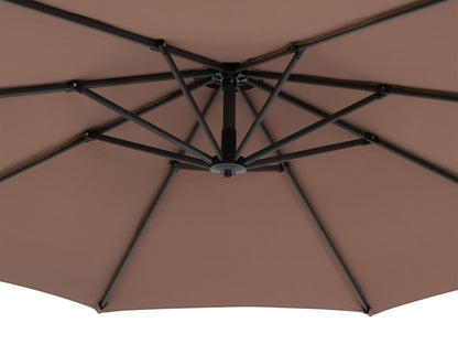 Cantilever patio umbrella in sand color with sturdy base, UV-resistant fabric, and adjustable tilt for optimal shade.