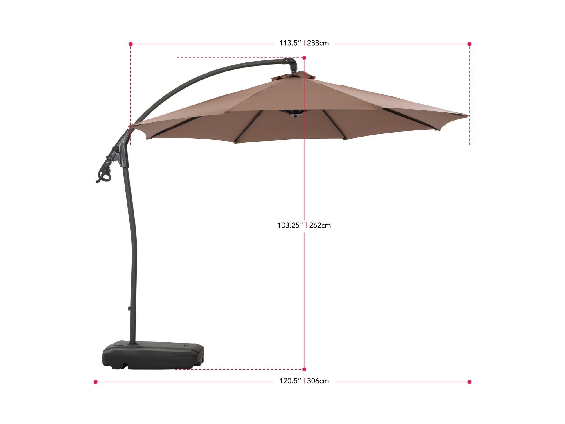 Cantilever patio umbrella with base in sand color, adjustable canopy, and sturdy aluminum frame for outdoor shade.