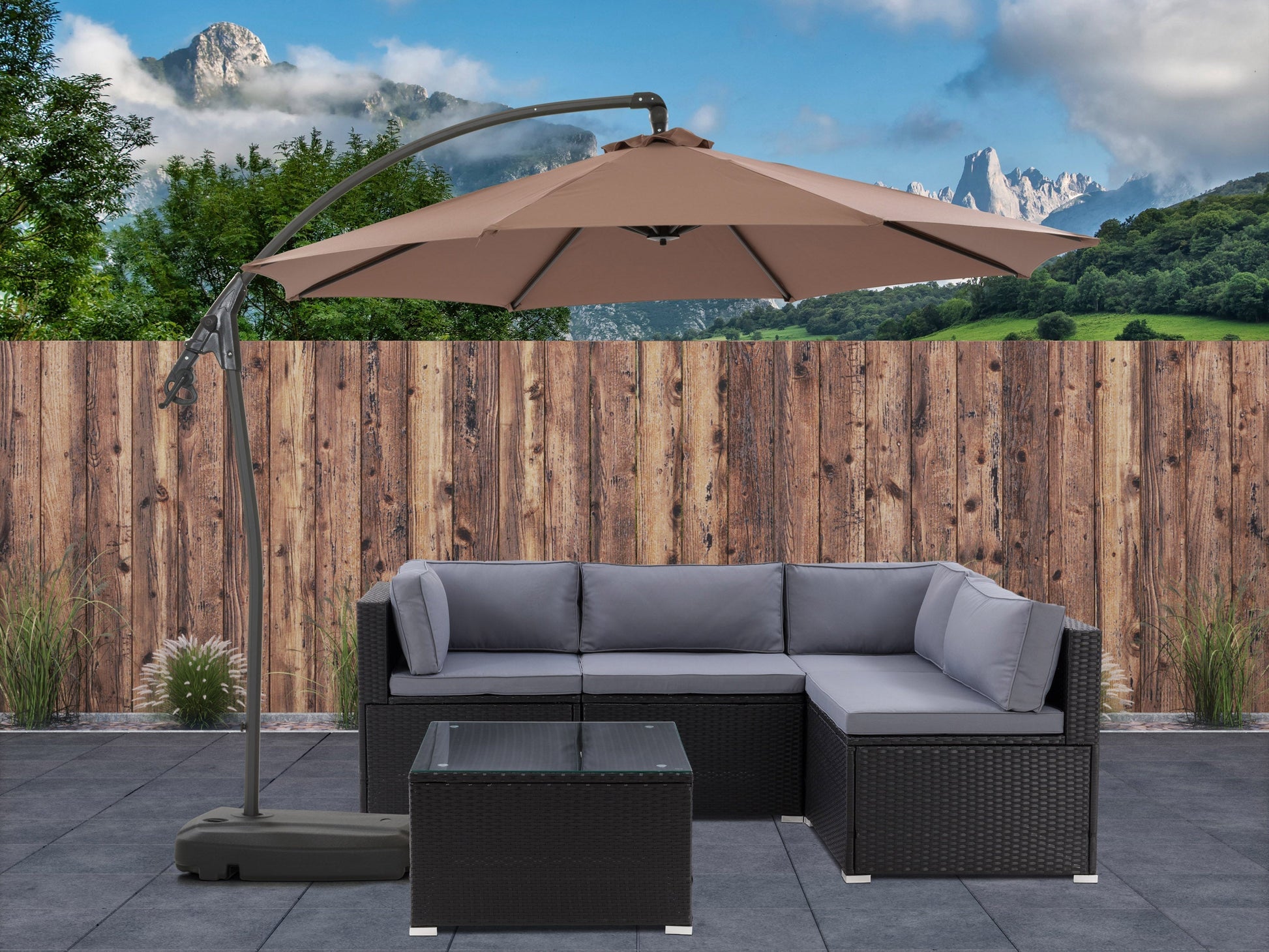 Cantilever patio umbrella with sand-colored canopy, sturdy base, and adjustable tilt for outdoor shade.