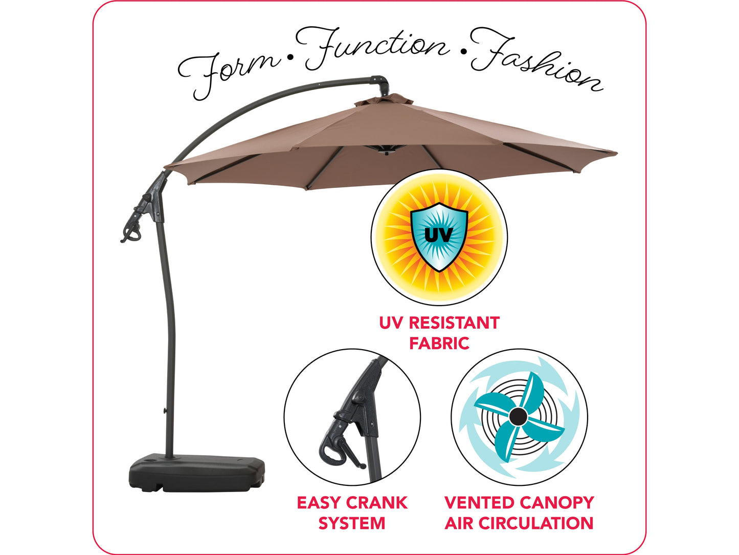 Cantilever patio umbrella with sand-colored canopy, adjustable tilt, and sturdy base for outdoor shade.
