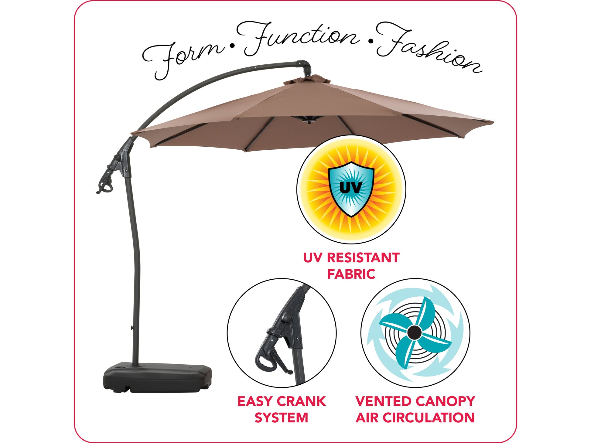 Cantilever patio umbrella with sand-colored canopy, adjustable tilt, and sturdy base for outdoor shade.