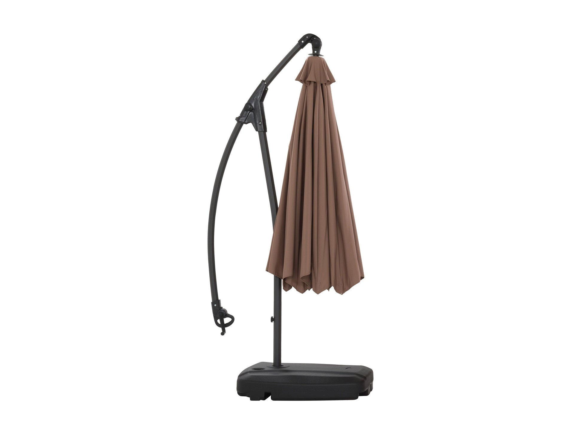 Cantilever patio umbrella with base in sand color, featuring adjustable tilt and durable weather-resistant fabric.