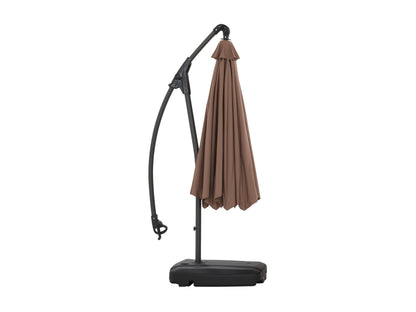 Cantilever patio umbrella with base in sand color, featuring adjustable tilt and durable weather-resistant fabric.