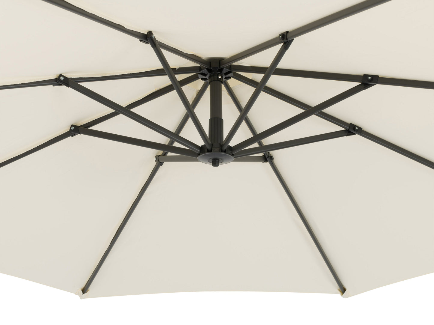 White cantilever patio umbrella with sturdy base, adjustable canopy, and UV-resistant fabric for outdoor shade.