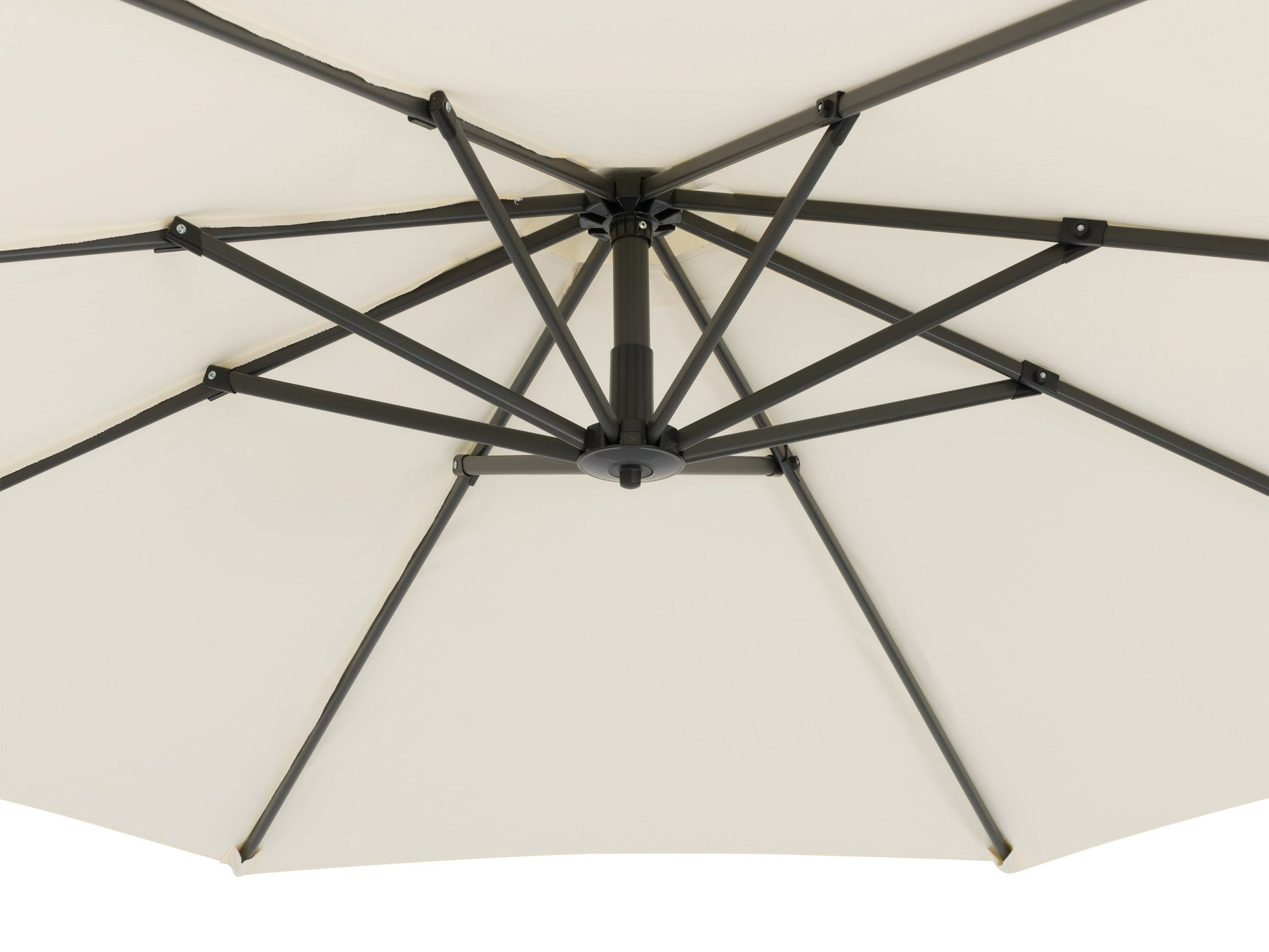 White cantilever patio umbrella with sturdy base, adjustable canopy, and UV-resistant fabric for outdoor shade.