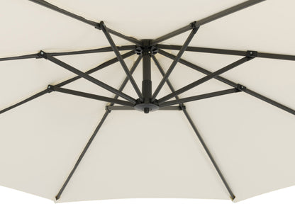 White cantilever patio umbrella with sturdy base, adjustable canopy, and UV-resistant fabric for outdoor shade.
