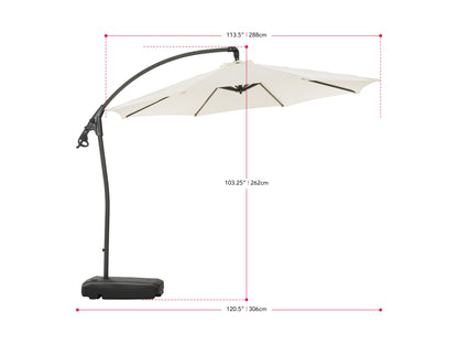 White cantilever patio umbrella with base, UV-resistant fabric, adjustable tilt, and durable aluminum frame.