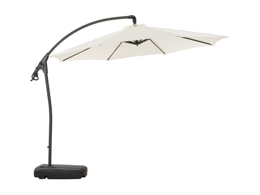 White cantilever patio umbrella with sturdy base, adjustable height, and UV-resistant fabric for outdoor shade.