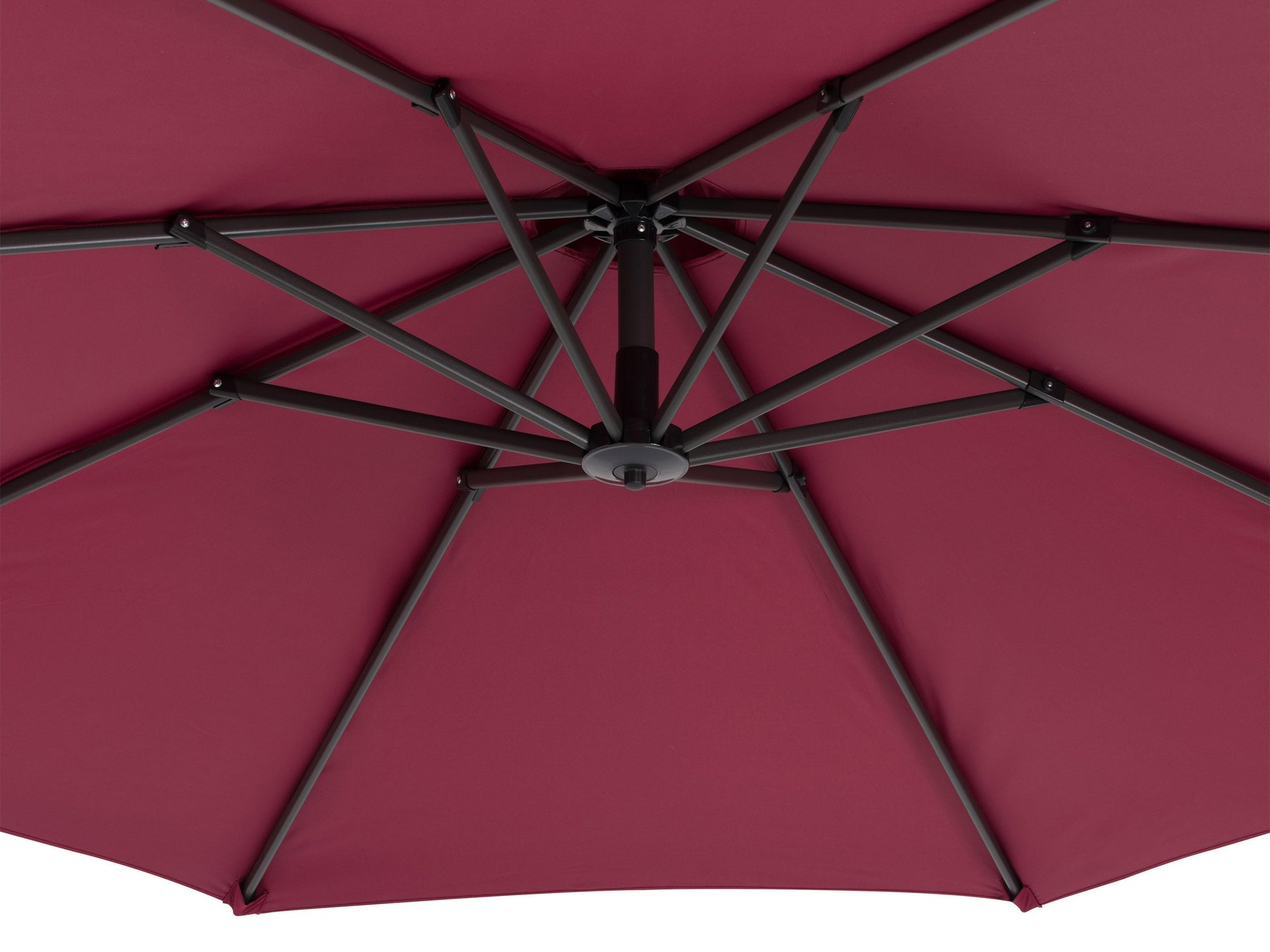 Wine red cantilever patio umbrella with sturdy base, adjustable canopy, and UV-resistant fabric for outdoor use.