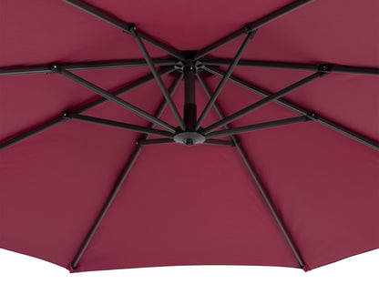 Wine red cantilever patio umbrella with sturdy base, adjustable canopy, and UV-resistant fabric for outdoor use.
