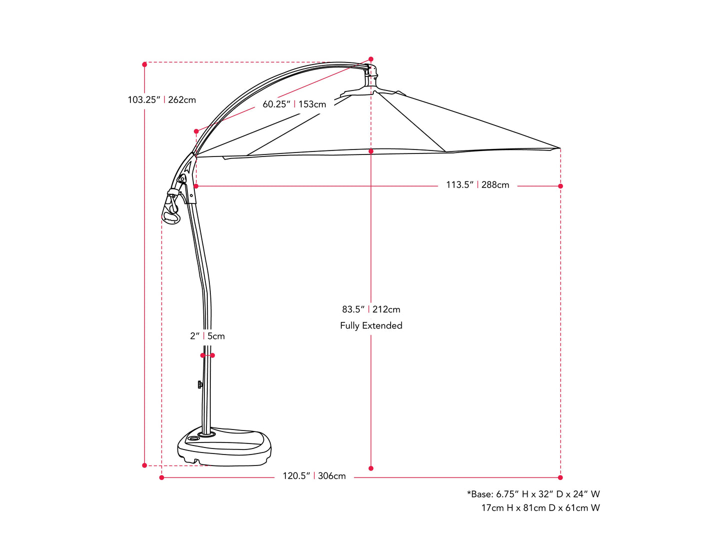 Wine red cantilever patio umbrella with base, adjustable canopy, and durable frame for outdoor use.