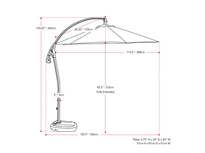 Wine red cantilever patio umbrella with base, adjustable canopy, and durable frame for outdoor use.
