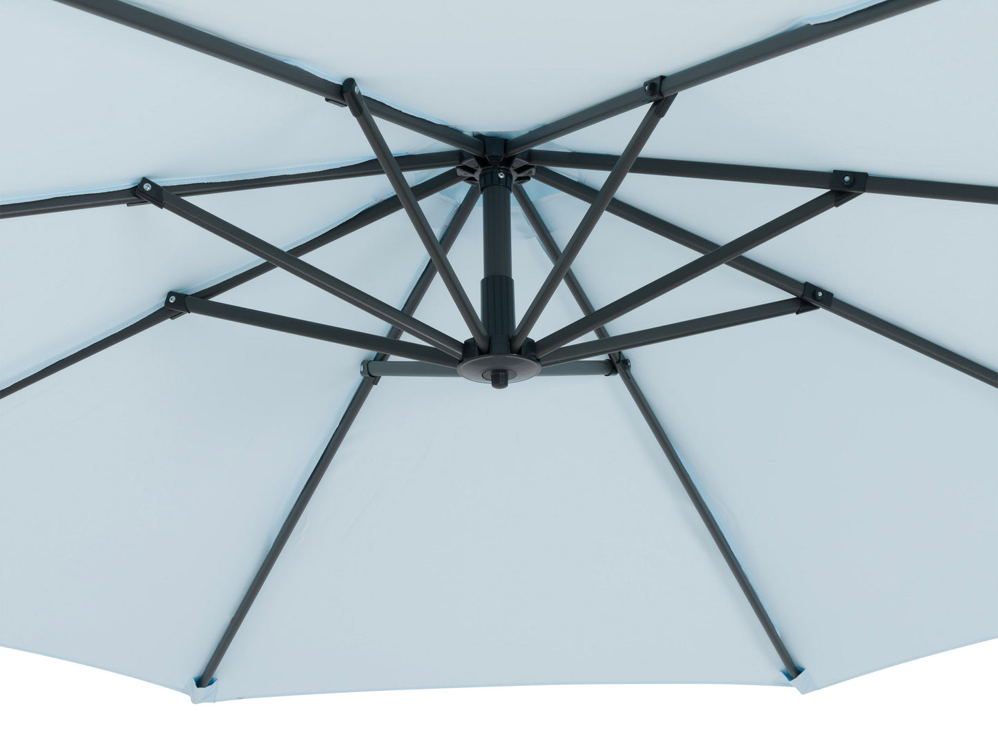 Light blue cantilever patio umbrella with base, adjustable tilt, and UV-resistant fabric for outdoor shade.