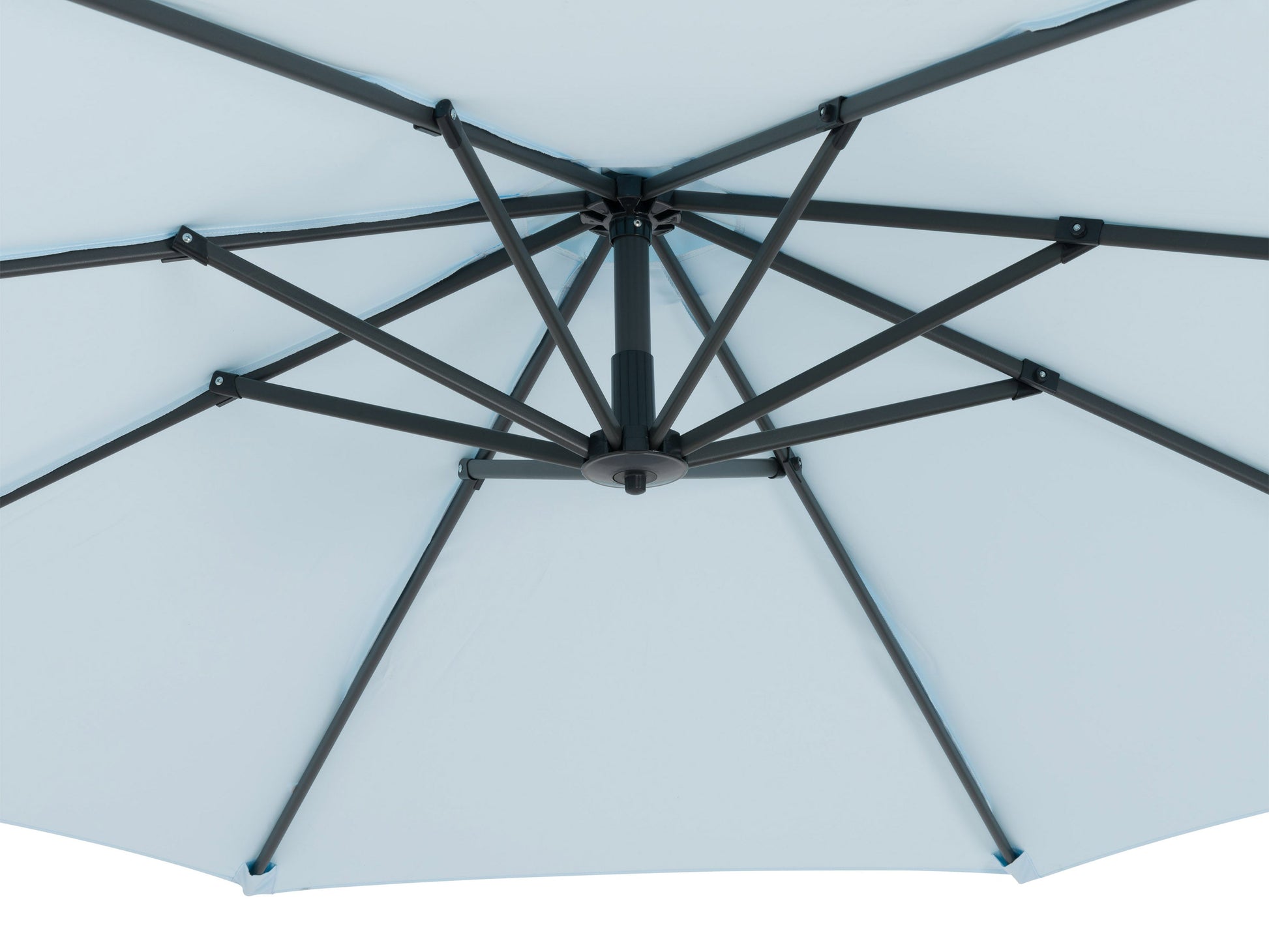 Light blue cantilever patio umbrella with base, adjustable tilt, and UV-resistant fabric for outdoor shade.