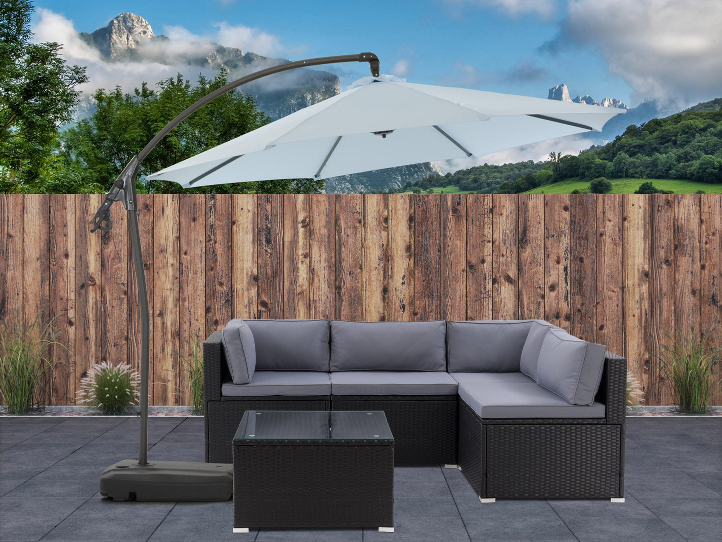Light blue cantilever patio umbrella with base, adjustable tilt, and UV protection for outdoor spaces.