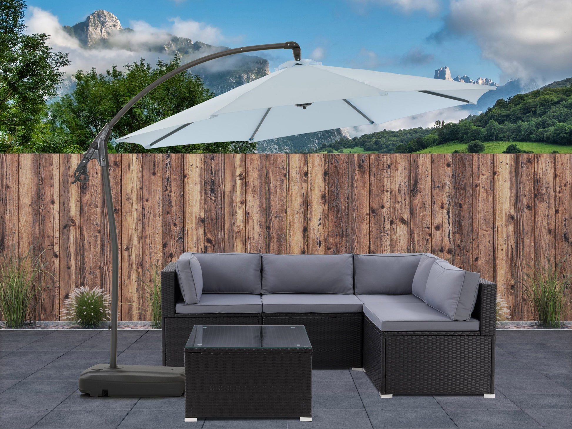 Light blue cantilever patio umbrella with base, adjustable tilt, and UV protection for outdoor spaces.