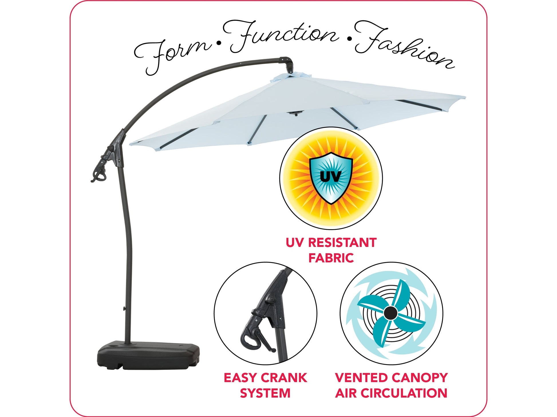 Light blue cantilever patio umbrella with base, durable fabric, adjustable tilt, and 360-degree rotation for outdoor shade.