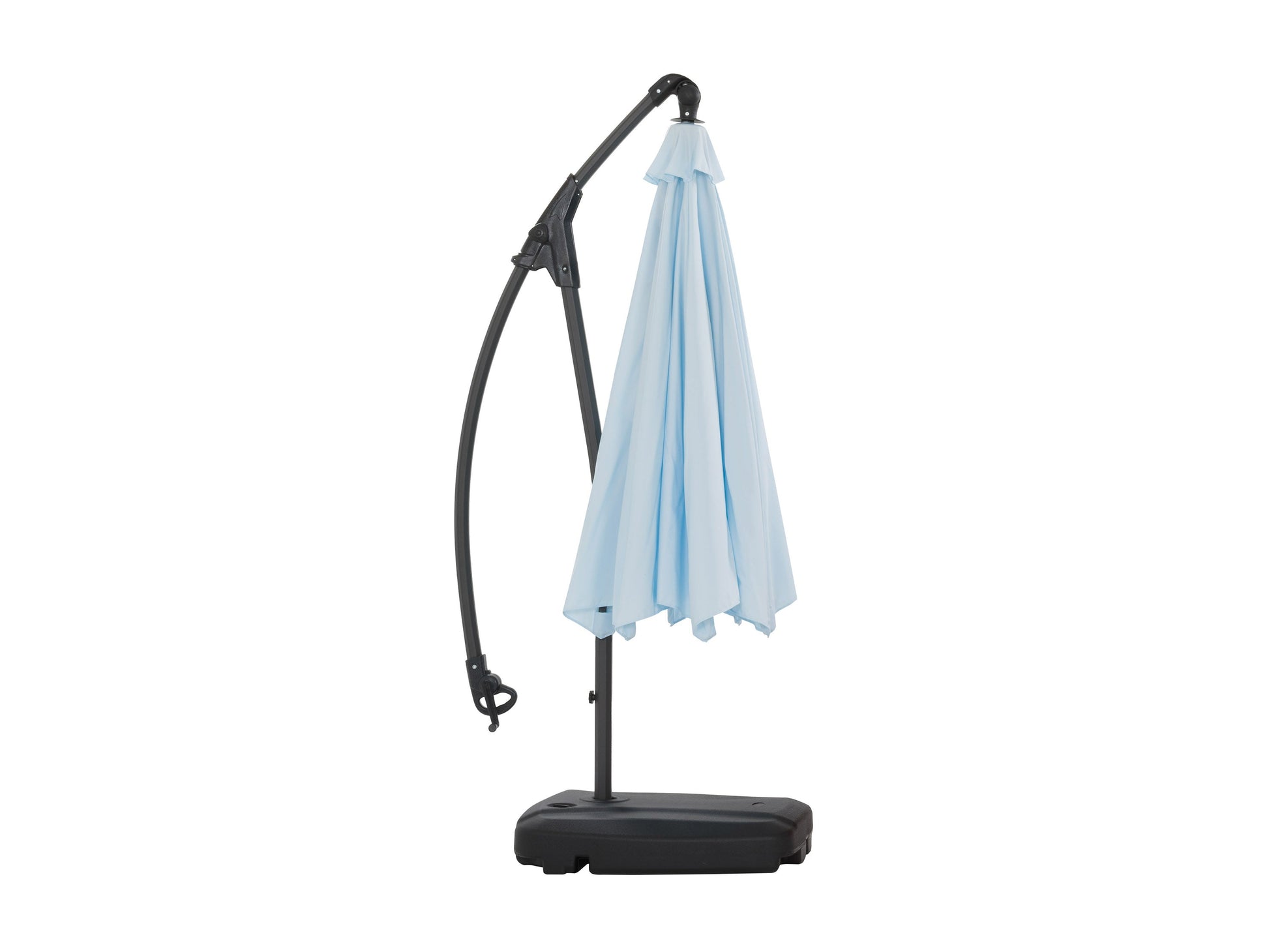 Light blue cantilever patio umbrella with sturdy base, adjustable canopy, and UV protection for outdoor spaces.