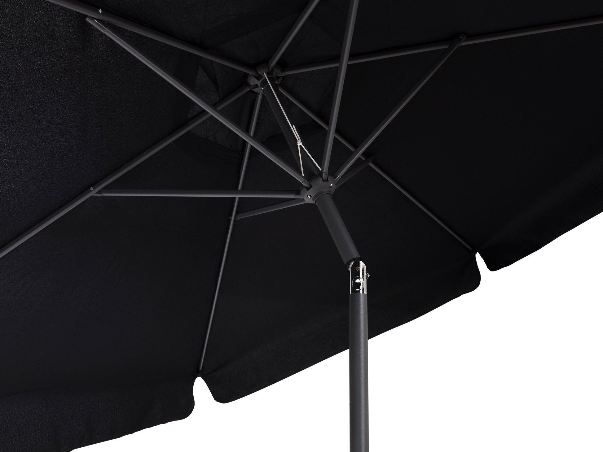 10ft round black tilting patio umbrella with sturdy metal frame and UV-resistant fabric.