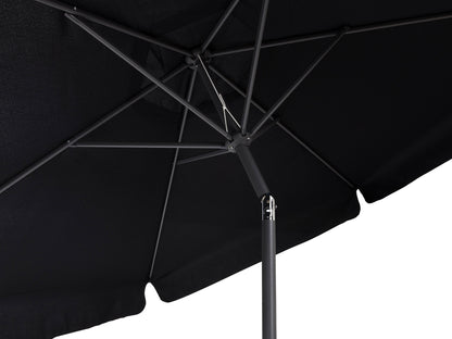 10ft round black tilting patio umbrella with sturdy metal frame and UV-resistant fabric.