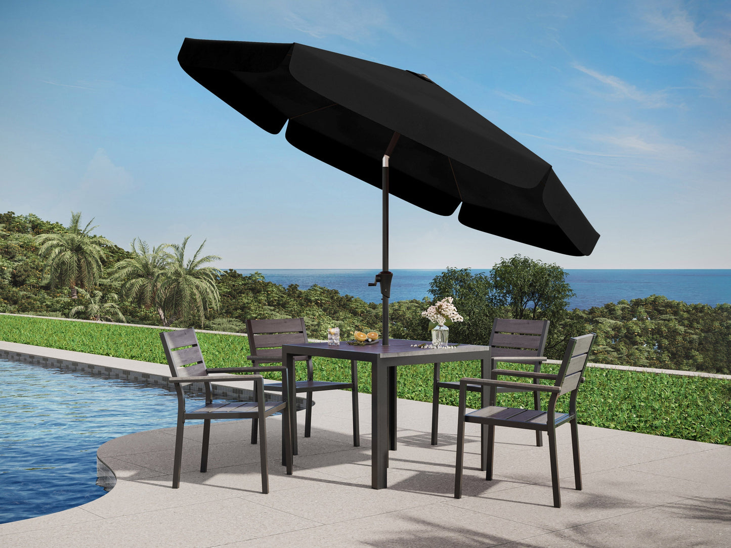 Black 10ft round tilting patio umbrella with durable fabric and sturdy metal pole.