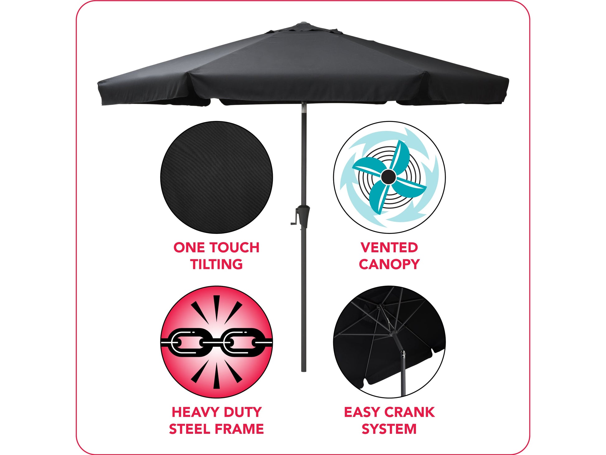 10ft black patio umbrella with round tilting canopy and durable metal frame, perfect for outdoor shade.