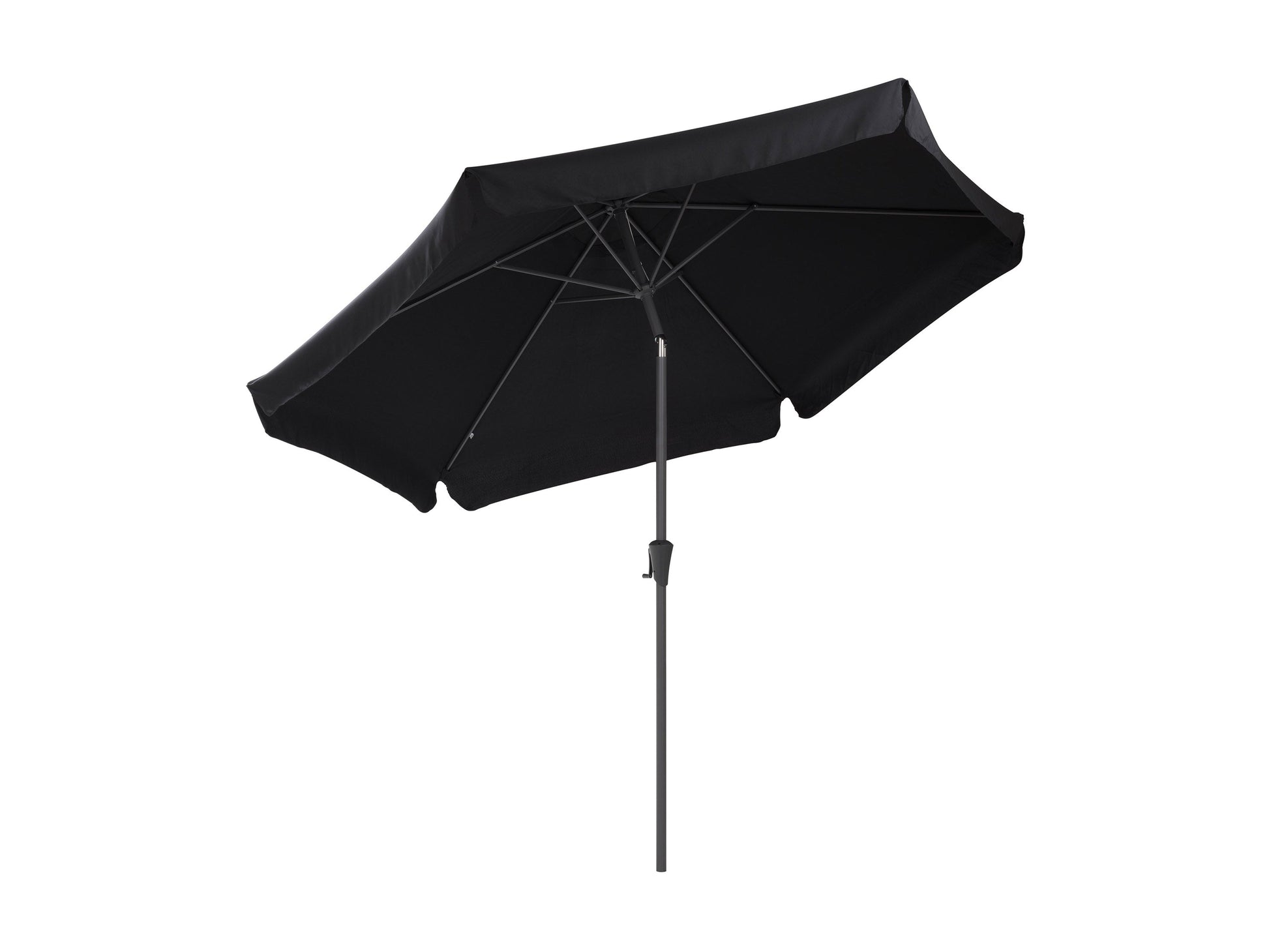 10ft black patio umbrella with tilting feature, round canopy, and sturdy metal pole for outdoor use.
