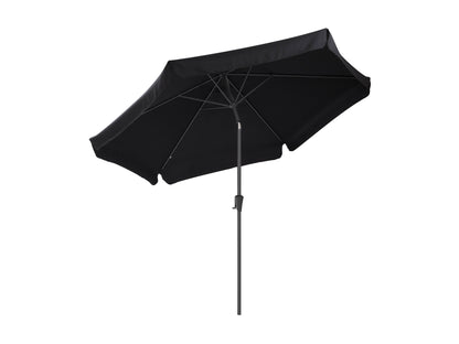 10ft black patio umbrella with tilting feature, round canopy, and sturdy metal pole for outdoor use.