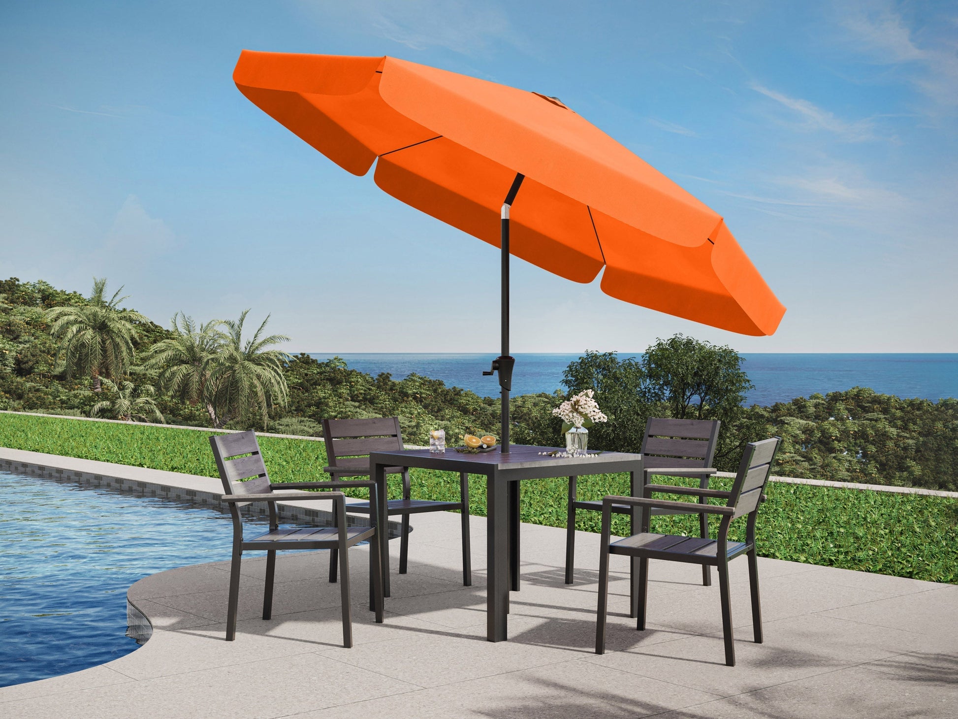 10ft orange patio umbrella with tilting feature, round canopy, and sturdy aluminum pole for outdoor shade.