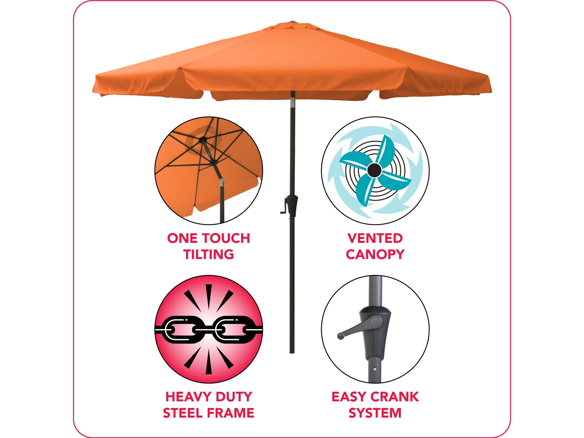 10ft orange patio umbrella with round tilting canopy and sturdy aluminum pole, ideal for outdoor shade and garden decor.