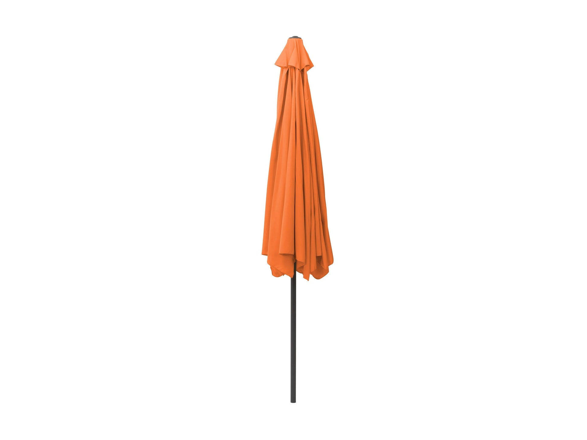 Orange 10ft round patio umbrella with tilting feature, UV-resistant fabric, and sturdy aluminum pole.