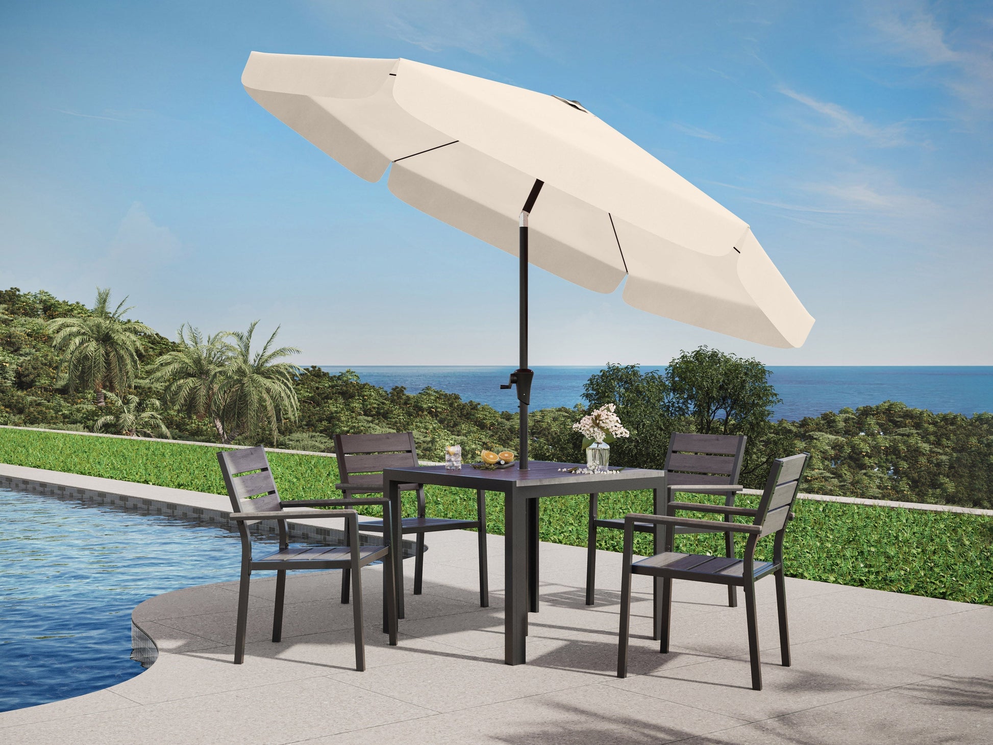 10ft round patio umbrella in warm white with tilting feature and durable fabric for outdoor use.