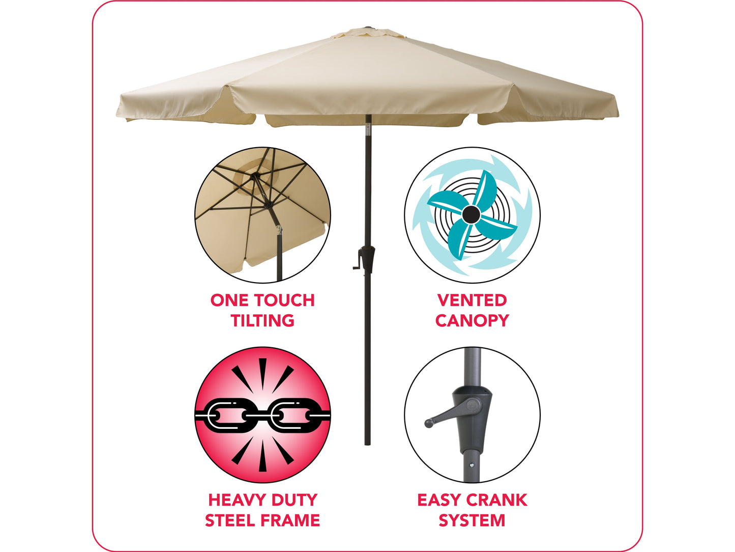 10ft round tilting patio umbrella in warm white, UV-resistant fabric, aluminum pole, and crank lift system.