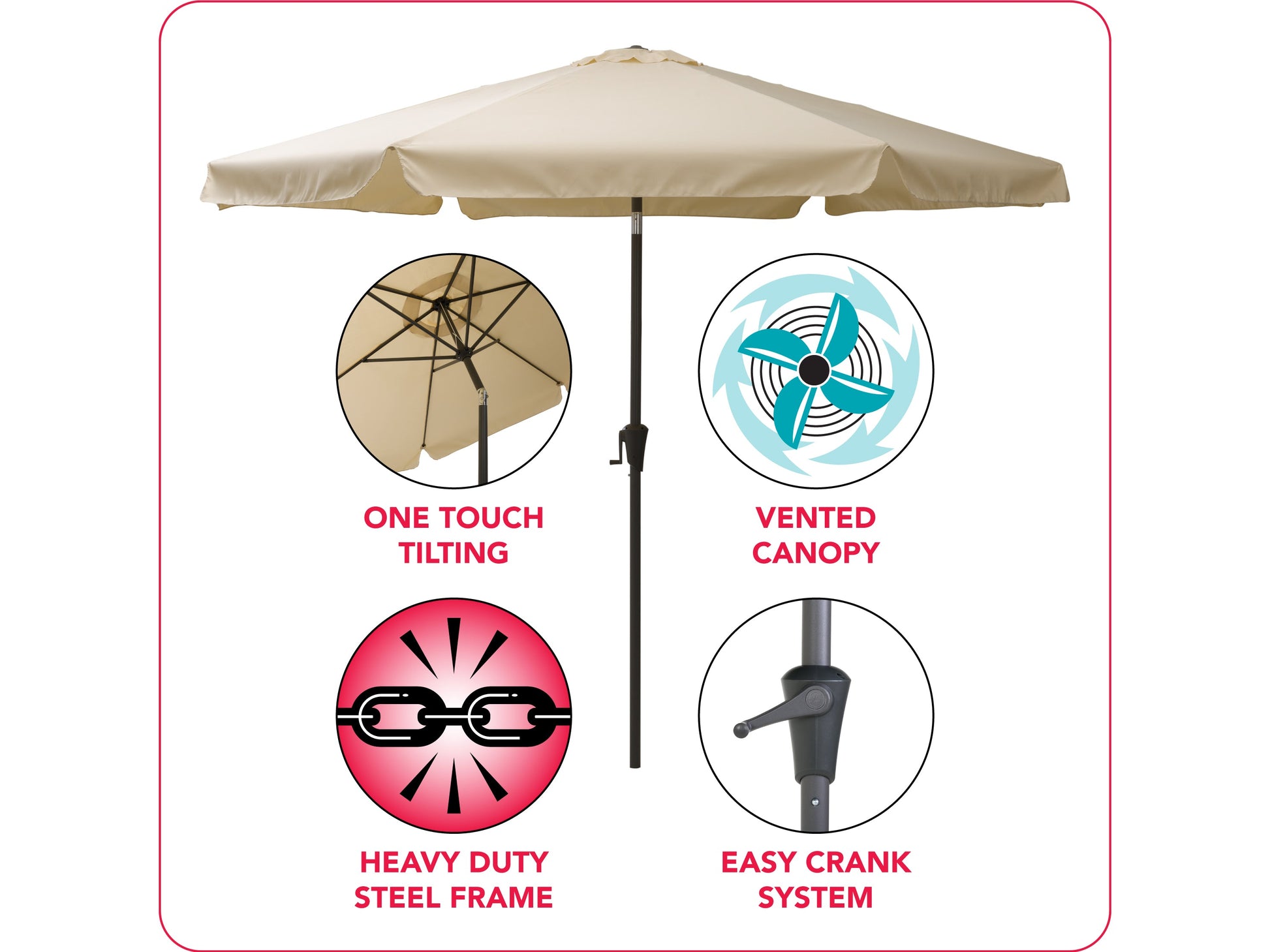 10ft round tilting patio umbrella in warm white, UV-resistant fabric, aluminum pole, and crank lift system.